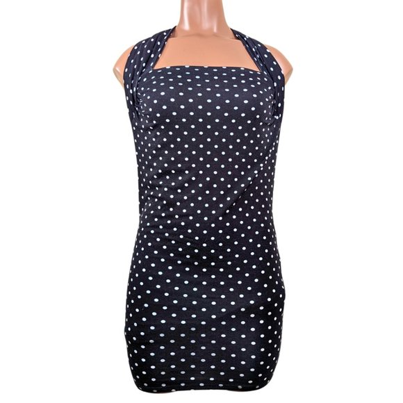 Anthro XS NWT Black & White Polka Dot Lined Stretch Halter Tank Top Mini Dress - Picture 5 of 11